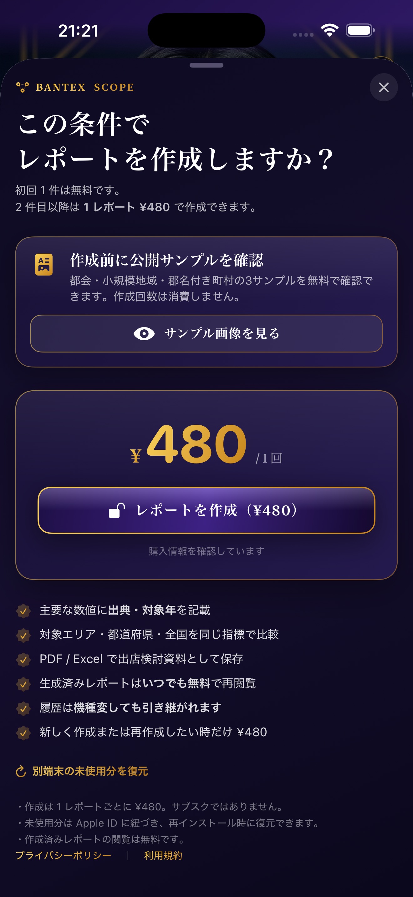 Market Scopeの購入画面。1レポート480円の消費型課金を案内している。